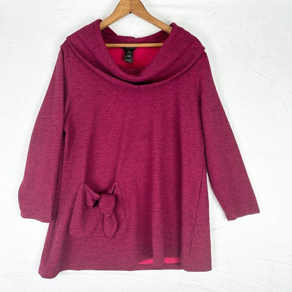 Ali Miles Cowl Neck Sweater Tunic Size Medium Maroon Wine Pocket Bow